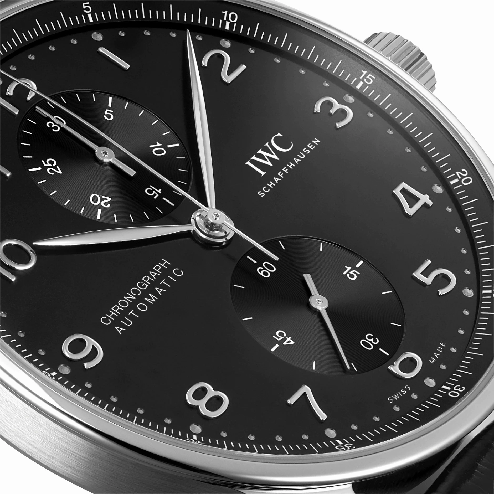 IWC Portugieser Automatic Chronograph Stainless Steel Black Dial Black Leather Strap Mens Watch IW371609