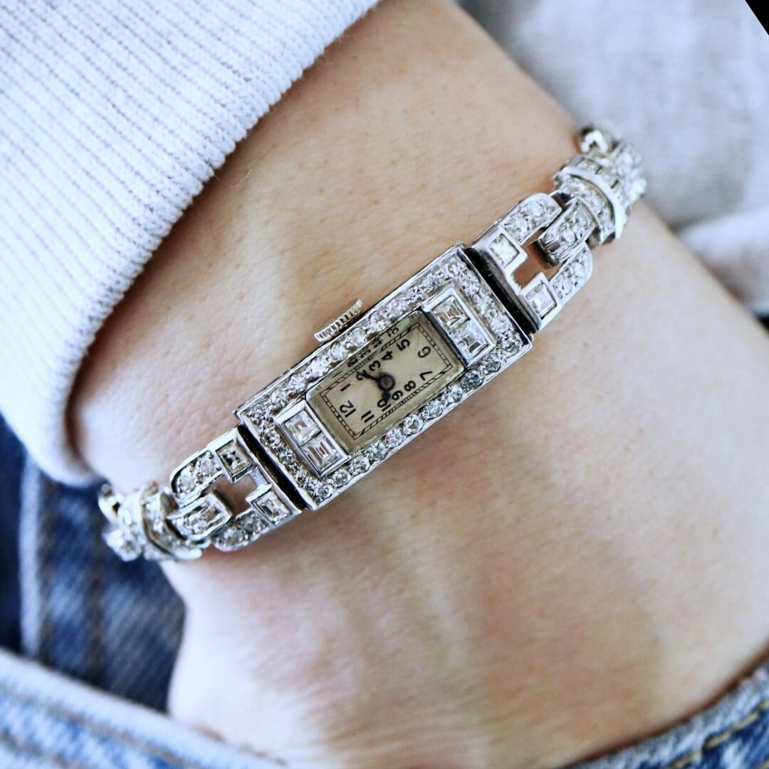 Ladies 1920's Art Deco Platinum with Diamonds Vintage Cocktail Watch