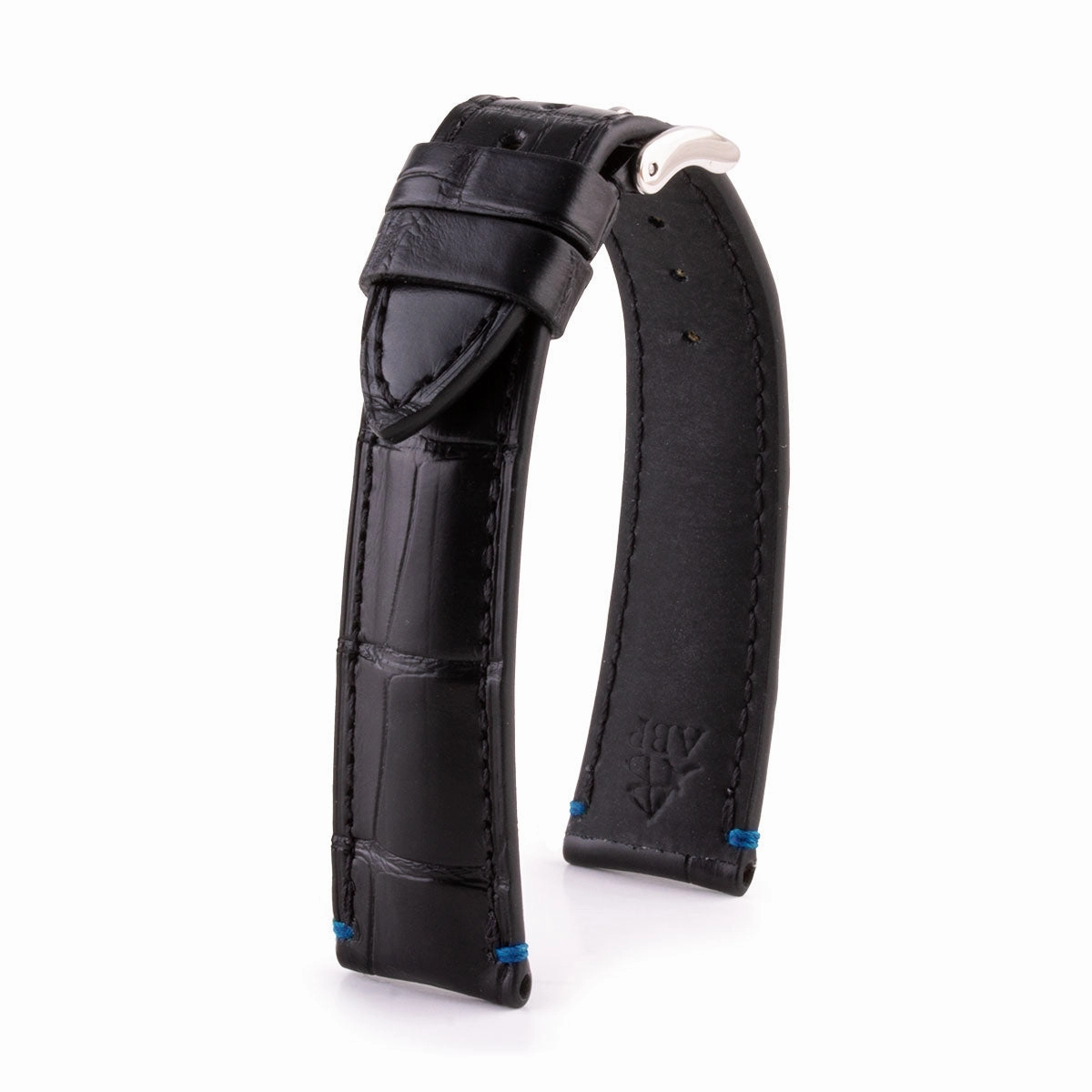 Leather watch band - Black alligator with contrasted stop points stitching (black, blue, green, red...)