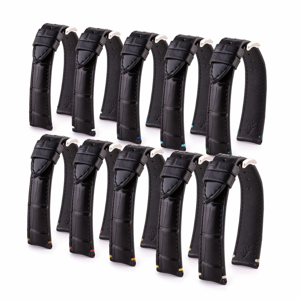 Leather watch band - Black alligator with contrasted stop points stitching (black, blue, green, red...)