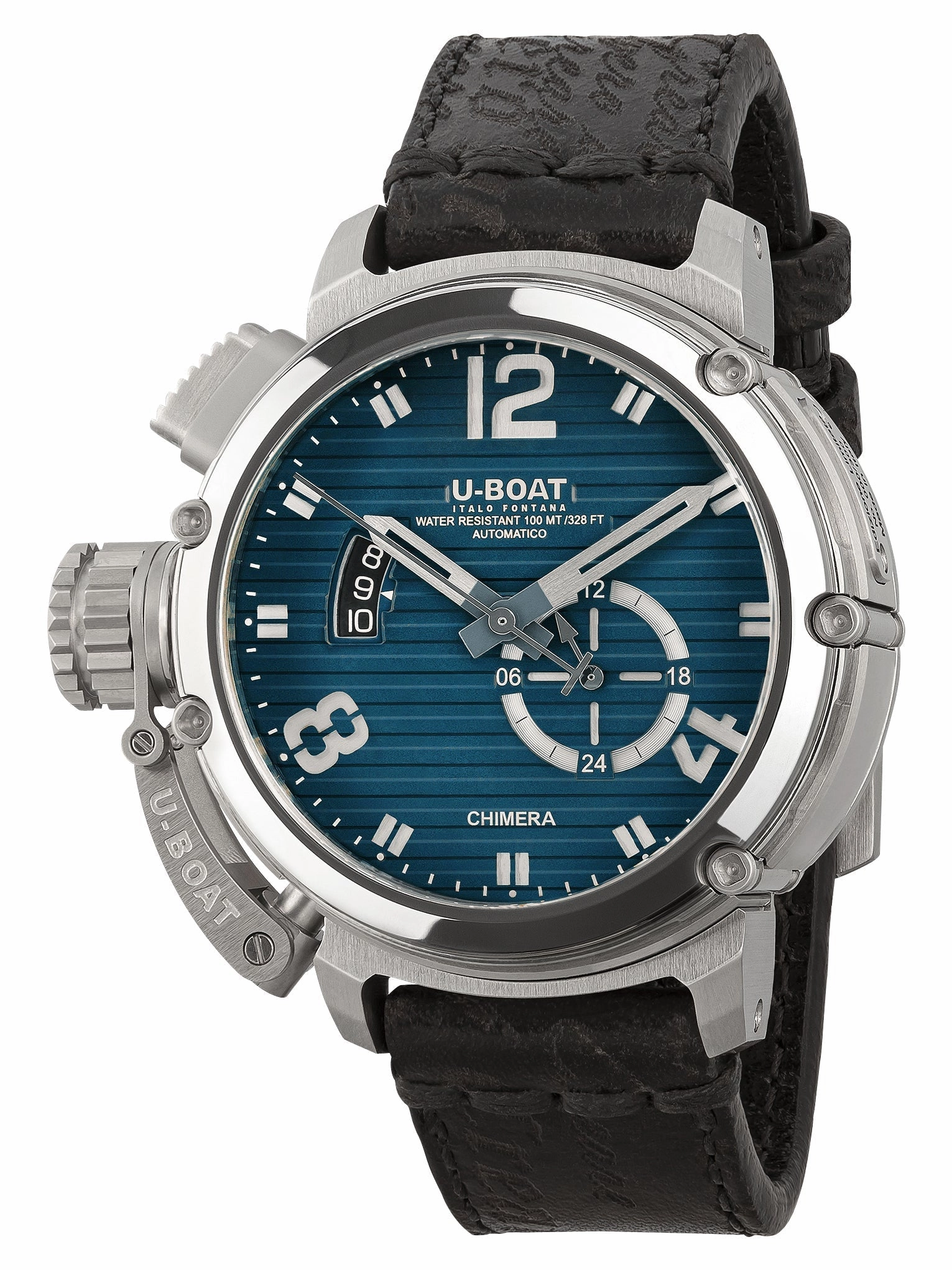 Limited Edition U-Boat Chimera Blu Automatic Stainless Steel Blue Dial Black Leather Strap Date Mens Watch 9602