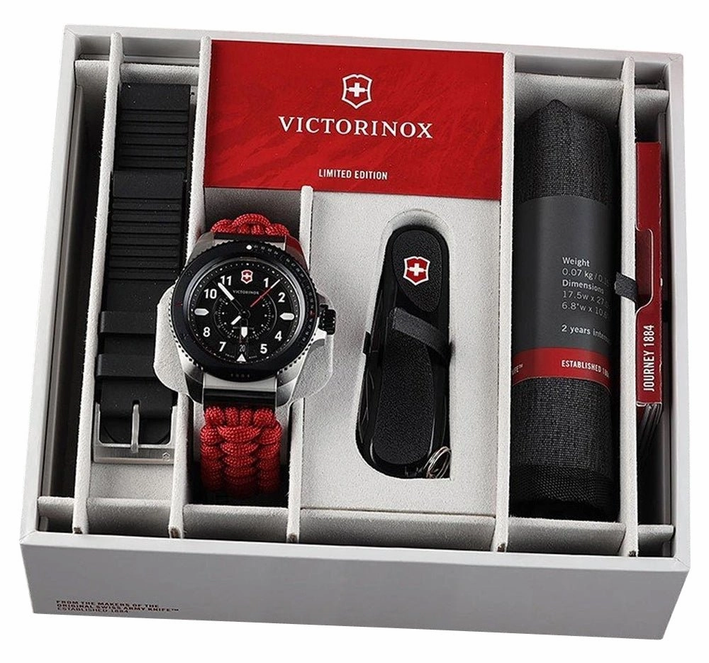 Limited Edition Victorinox Swiss Army Journey 1884 Stainless Steel Black Dial Red Nylon Interchangeable Black Rubber Strap Date Divers Quartz Mens Watch 242016.1