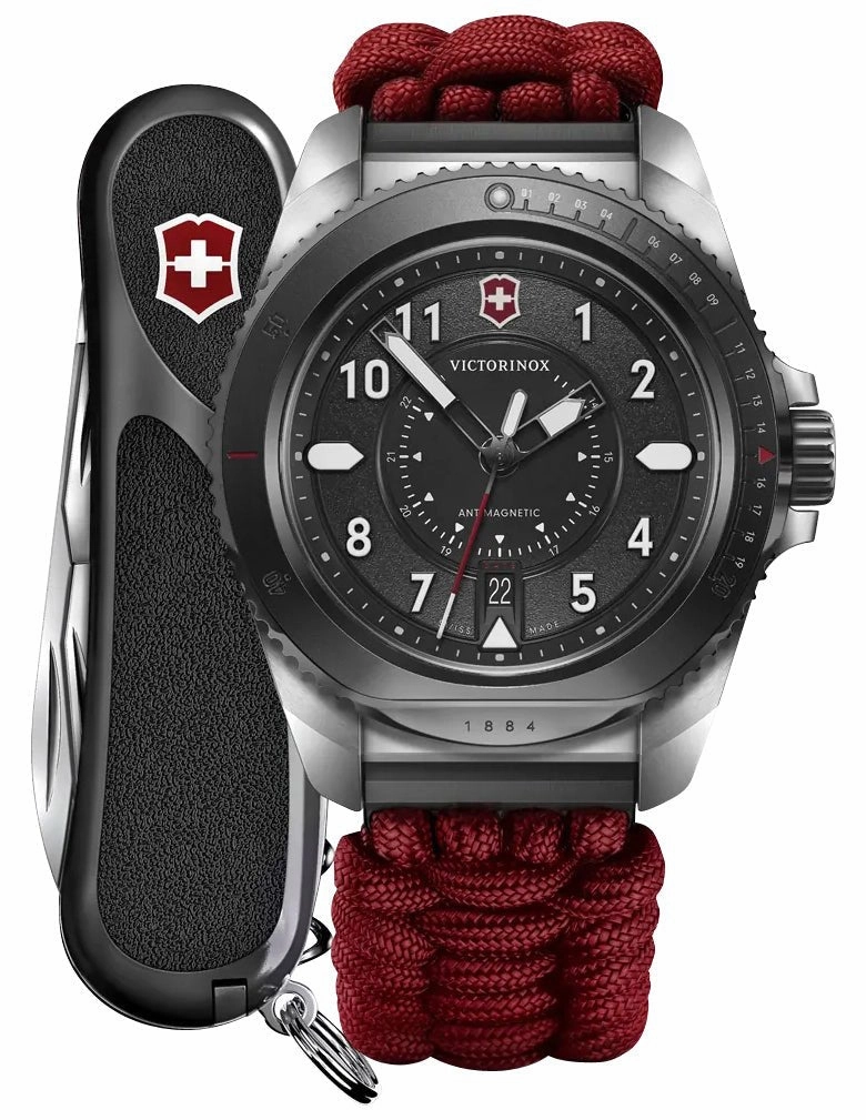 Limited Edition Victorinox Swiss Army Journey 1884 Stainless Steel Black Dial Red Nylon Interchangeable Black Rubber Strap Date Divers Quartz Mens Watch 242016.1