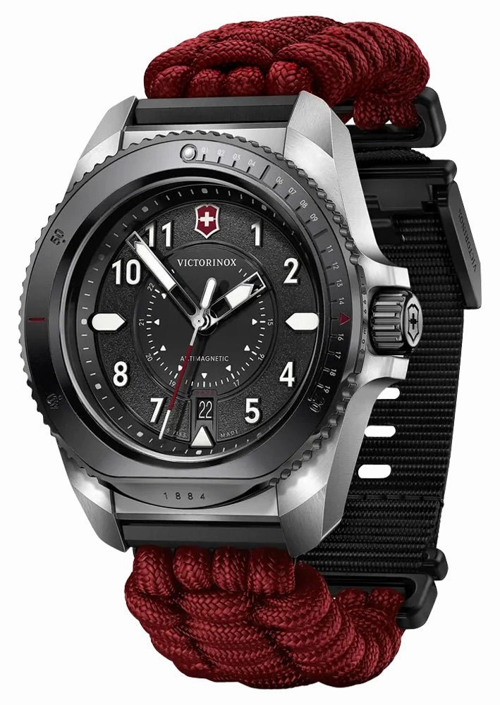 Limited Edition Victorinox Swiss Army Journey 1884 Stainless Steel Black Dial Red Nylon Interchangeable Black Rubber Strap Date Divers Quartz Mens Watch 242016.1