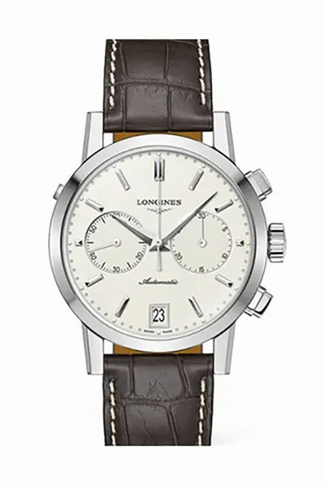 Longines 1832 Automatic Chronograph Stainless Steel Beige Dial Brown Leather Strap Date Mens Watch L4.829.4.92.1