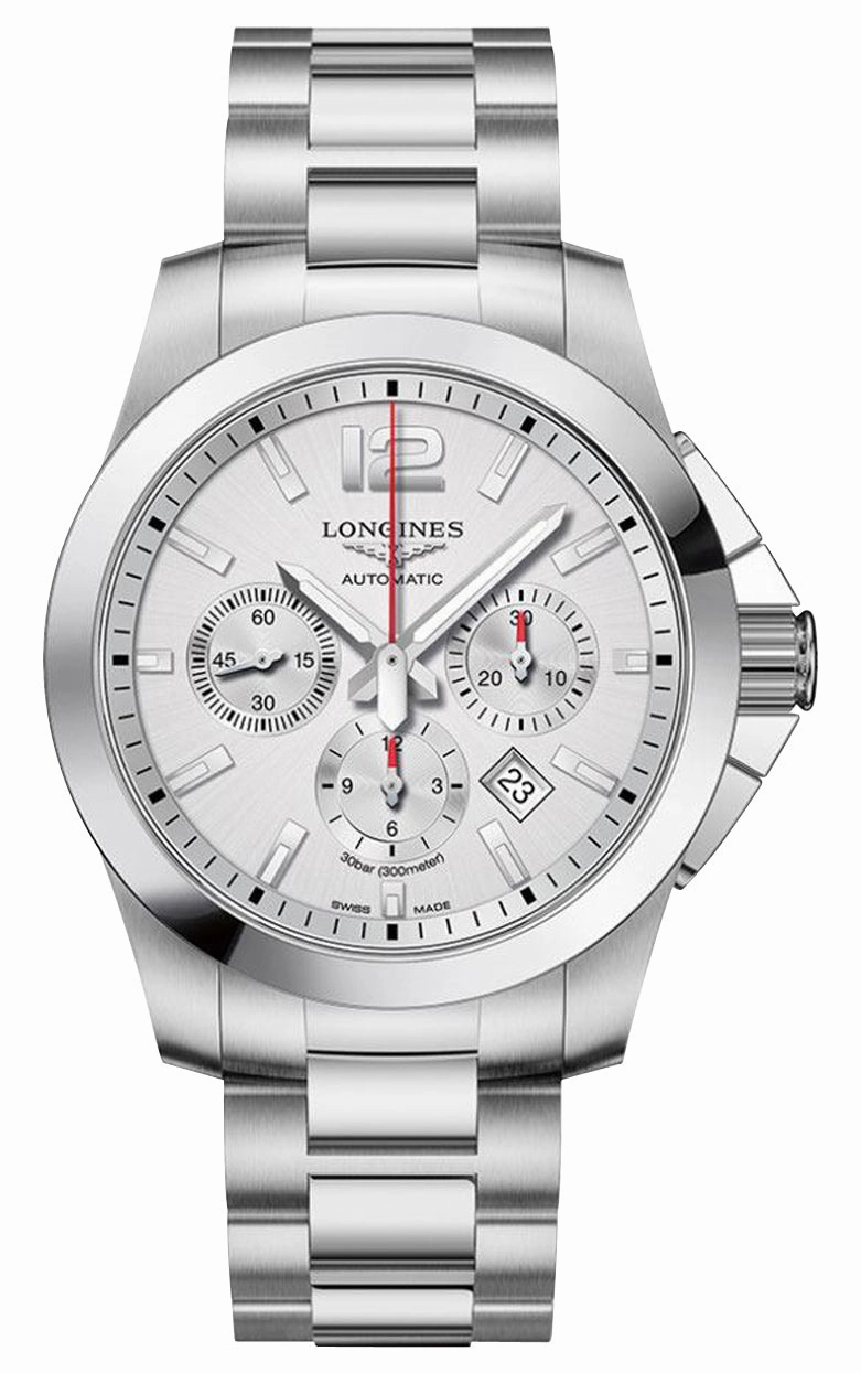 Longines Conquest Automatic Chronograph Stainless Steel Silver Dial Date Divers Mens Watch L3.801.4.76.6