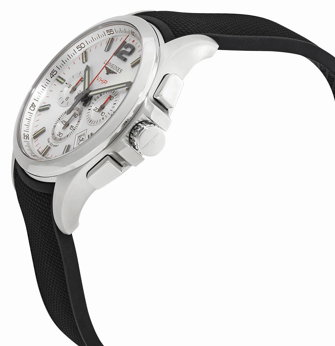 Longines Conquest V.H.P. Chronograph Stainless Steel Silver Dial Black Rubber Strap Perpetual Calendar Date Quartz Mens Watch L3.727.4.76.9