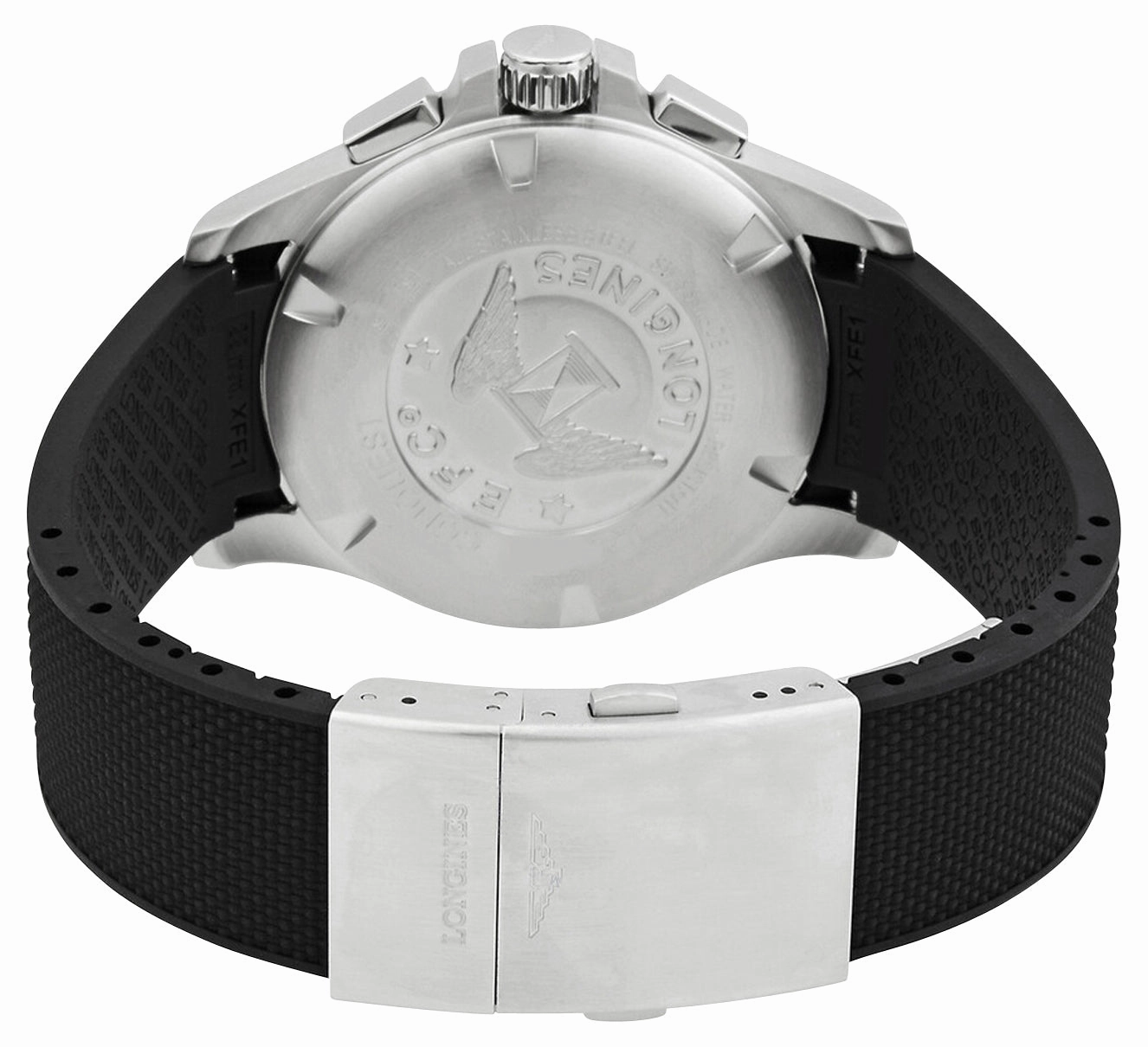 Longines Conquest V.H.P. Chronograph Stainless Steel Silver Dial Black Rubber Strap Perpetual Calendar Date Quartz Mens Watch L3.727.4.76.9
