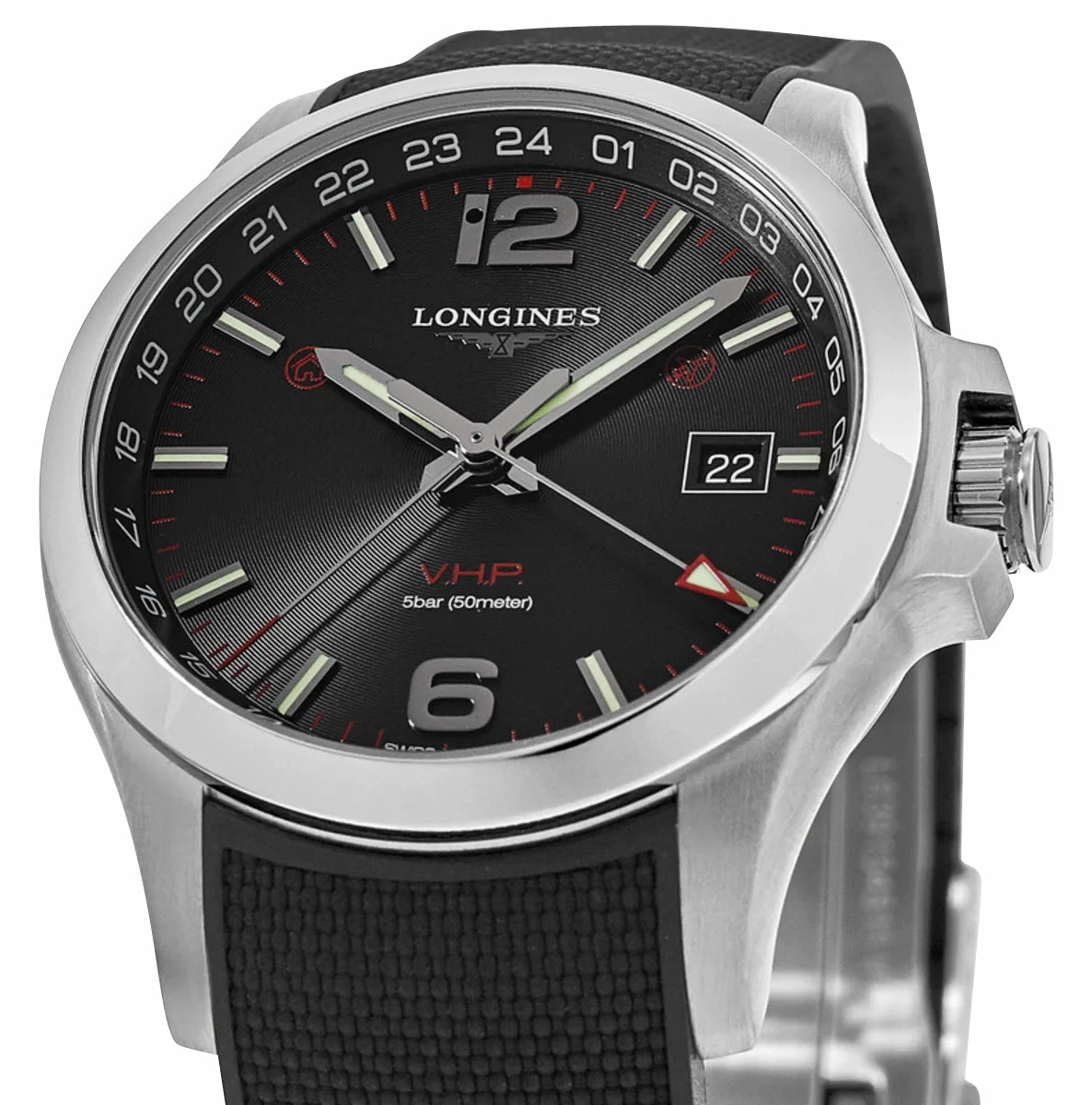 Longines Conquest V.H.P. GMT Stainless Steel Black Dial Black Rubber Strap Perpetual Calendar Date Quartz Mens Watch L3.728.4.56.9