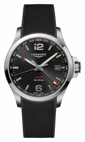 Longines Conquest V.H.P. GMT Stainless Steel Black Dial Black Rubber Strap Perpetual Calendar Date Quartz Mens Watch L3.728.4.56.9