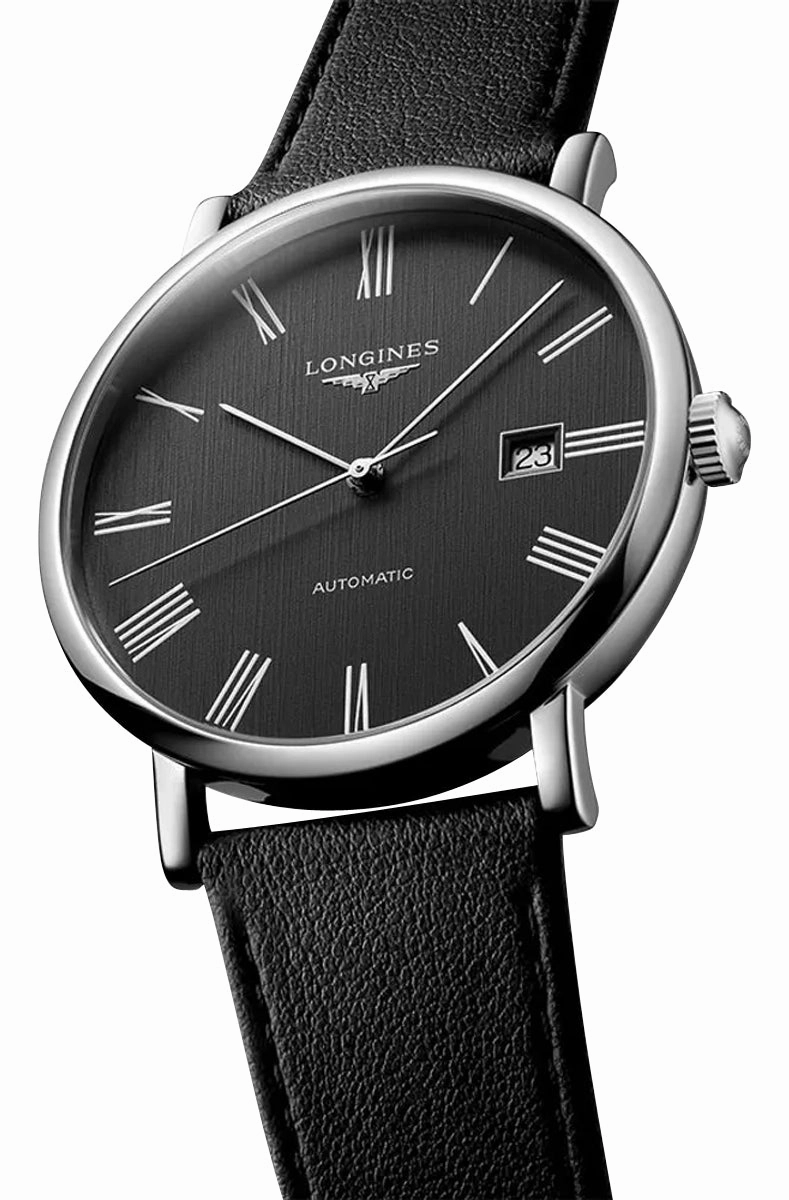 Longines Elegant Automatic Stainless Steel Dark Gray Dial Black Leather Strap Date Mens Watch L4.911.4.71.2
