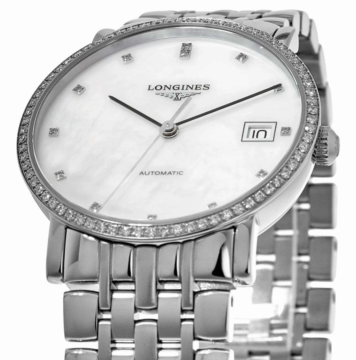 Longines Elegant Automatic Stainless Steel Mother-Of-Pearl Dial Diamonds Date Womens Watch L4.809.0.87.6