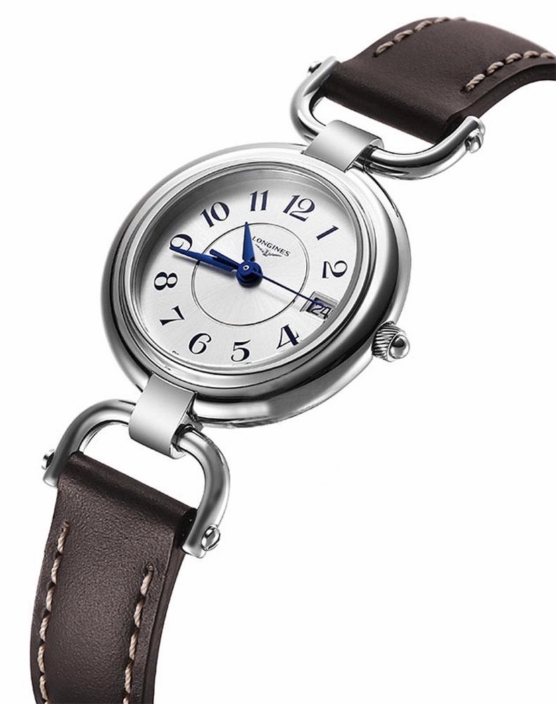 Longines Equestrian Stainless Steel Brown Leather Strap Silver-Tone Dial Date Quartz Womens Watch L6.130.4.73.2