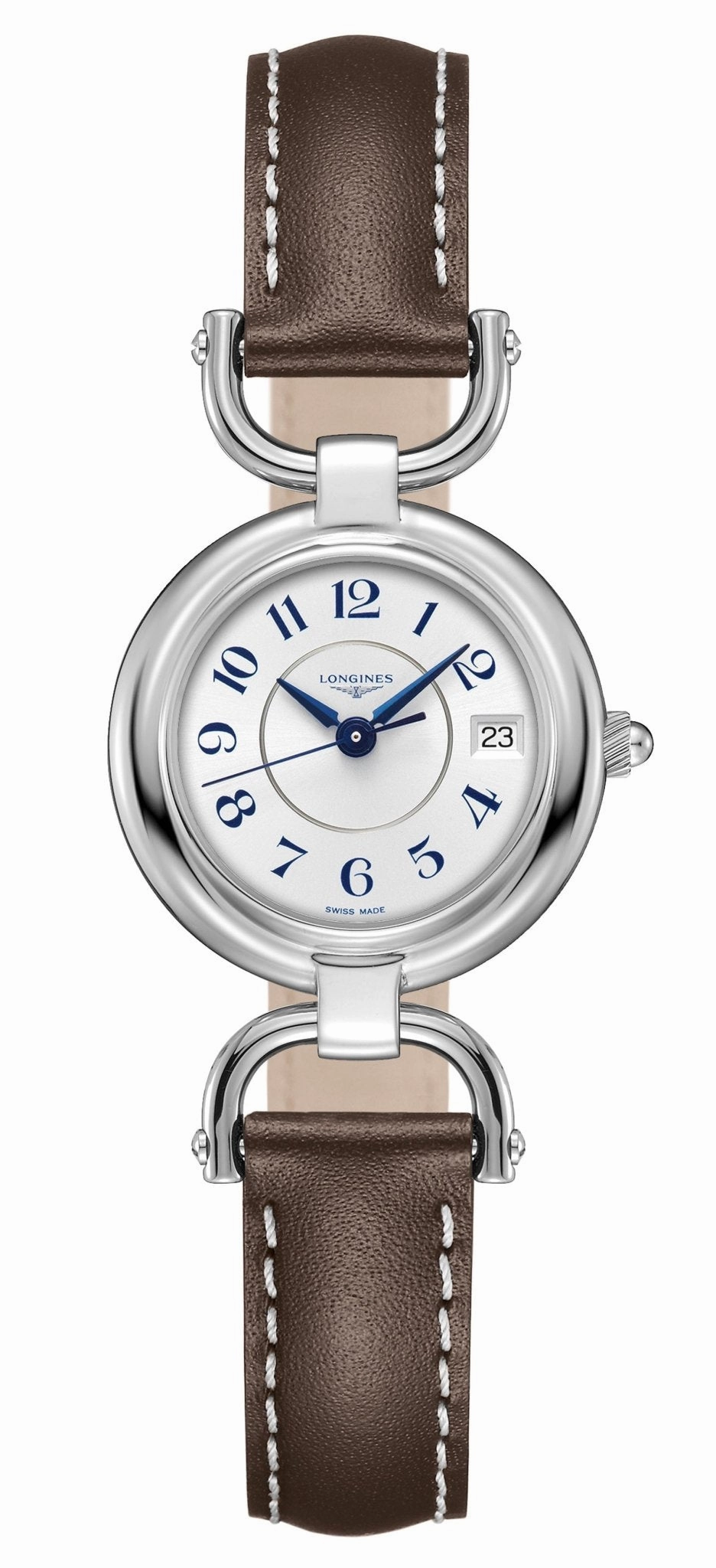 Longines Equestrian Stainless Steel Brown Leather Strap Silver-Tone Dial Date Quartz Womens Watch L6.130.4.73.2
