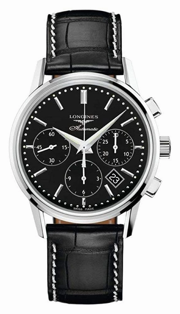 Longines Heritage Automatic Chronograph Stainless Steel Black Dial Black Leather Strap Date Mens Watch L2.749.4.52.0