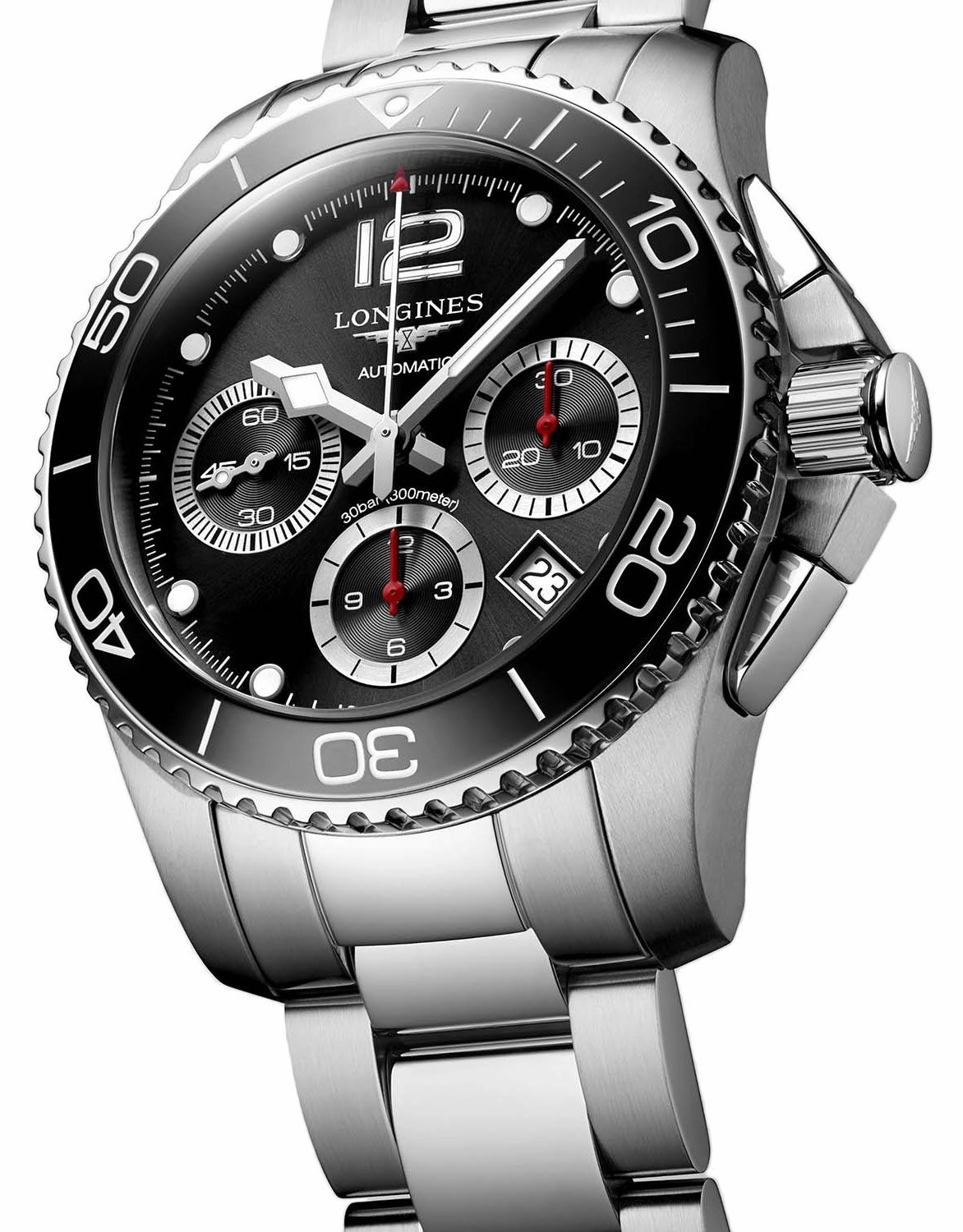 Longines HydroConquest Automatic Chronograph Stainless Steel Black Dial Date Divers Mens Watch L3.783.4.56.6