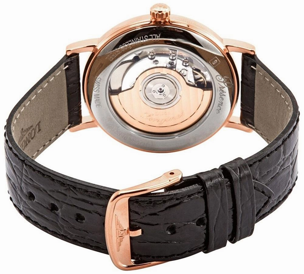 Longines Presence Automatic Rose Gold PVD White Dial Black Leather Strap Date Mens Watch L4.805.1.11.2