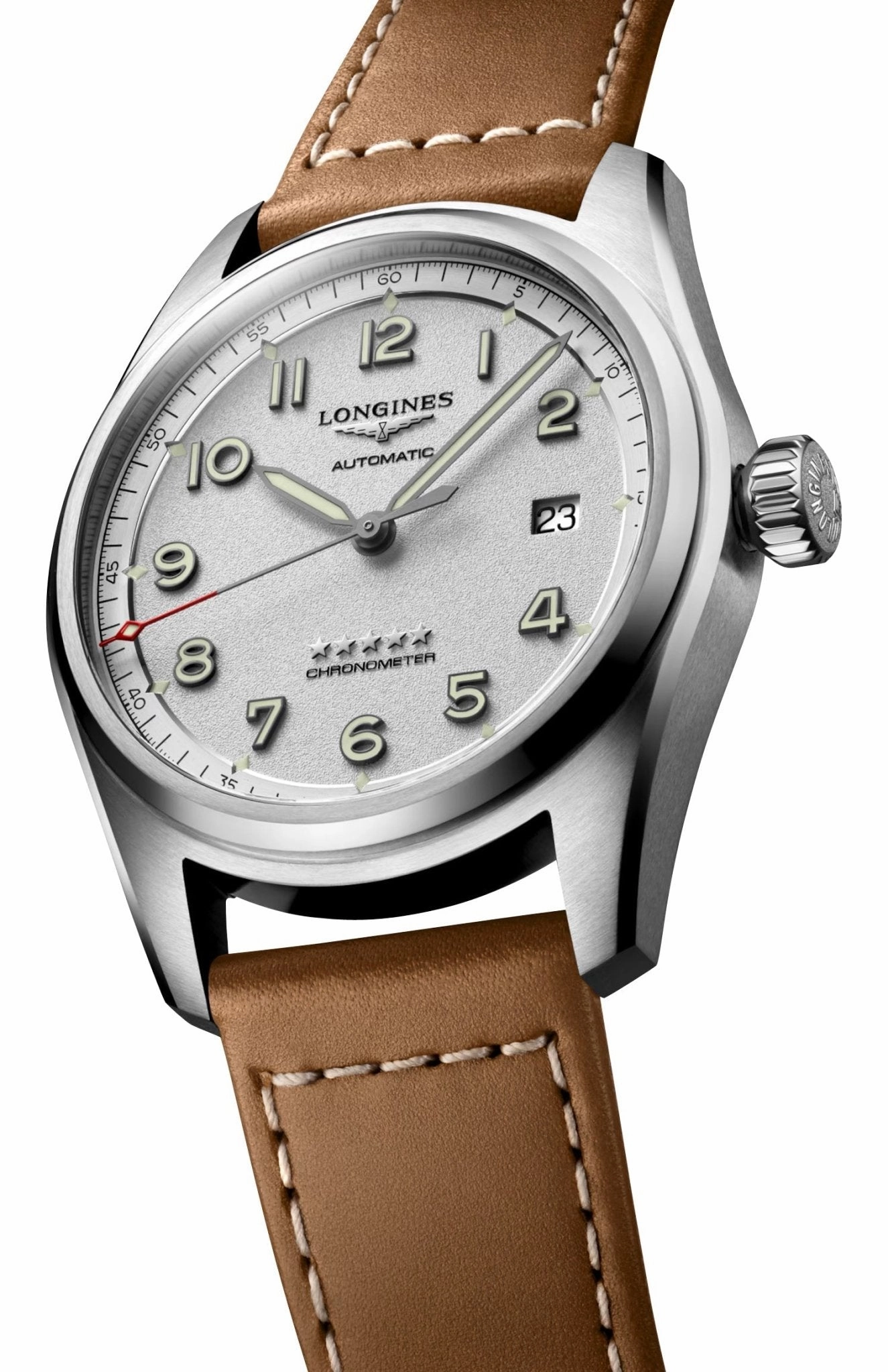Longines Spirit Automatic Chronometer Stainless Steel Silver Dial Brown Leather Strap Date Mens Watch L3.810.4.73.2