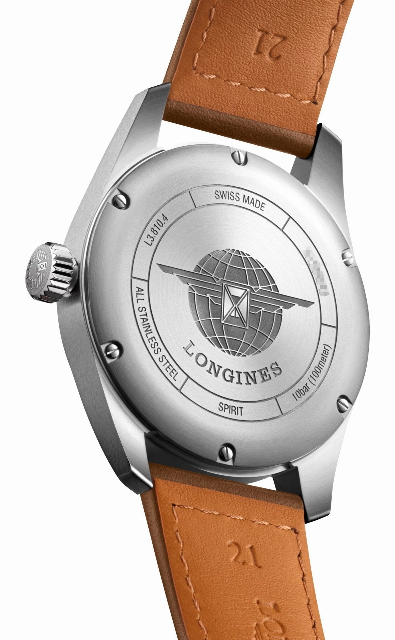 Longines Spirit Automatic Chronometer Stainless Steel Silver Dial Brown Leather Strap Date Mens Watch L3.810.4.73.2