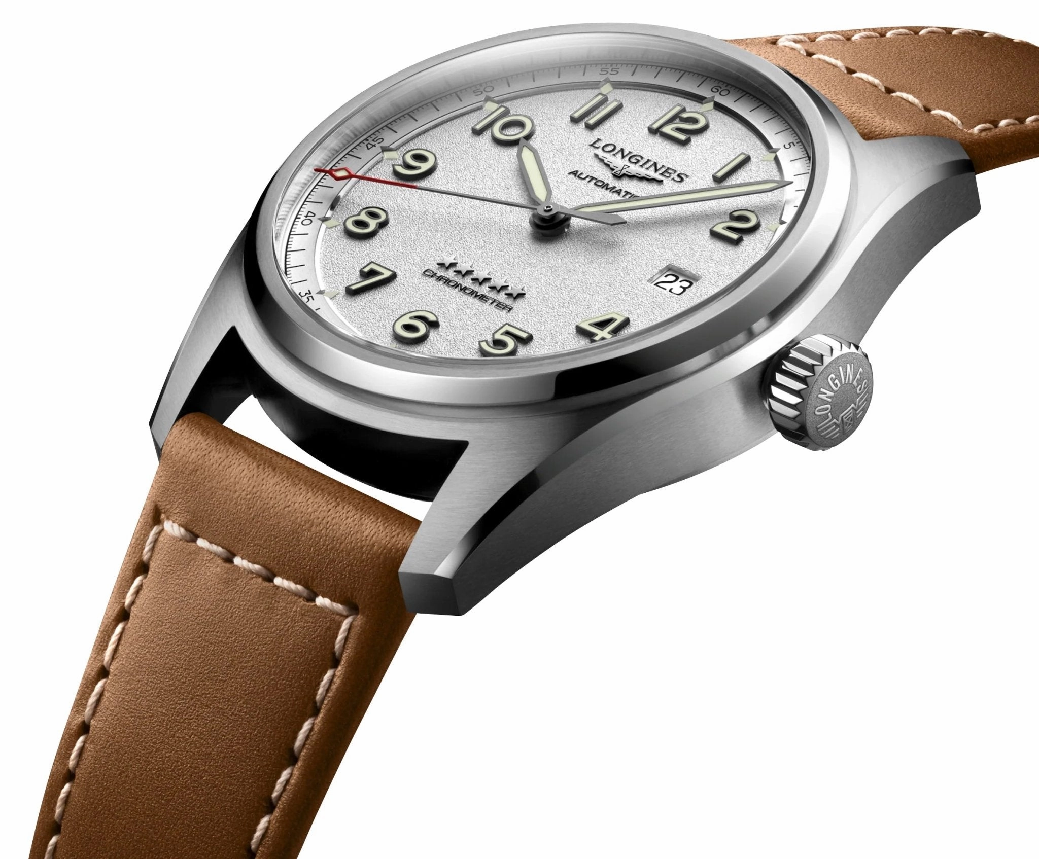 Longines Spirit Automatic Chronometer Stainless Steel Silver Dial Brown Leather Strap Date Mens Watch L3.810.4.73.2