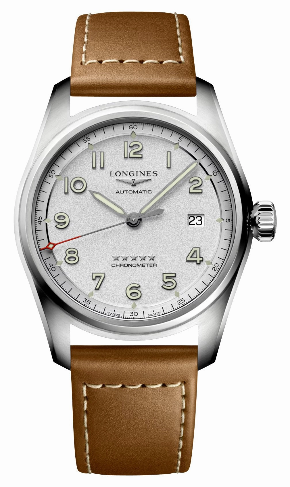 Longines Spirit Automatic Chronometer Stainless Steel Silver Dial Brown Leather Strap Date Mens Watch L3.810.4.73.2