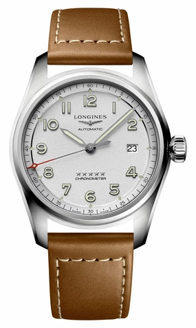 Longines Spirit Automatic Chronometer Stainless Steel Silver Dial Brown Leather Strap Date Mens Watch L3.810.4.73.2