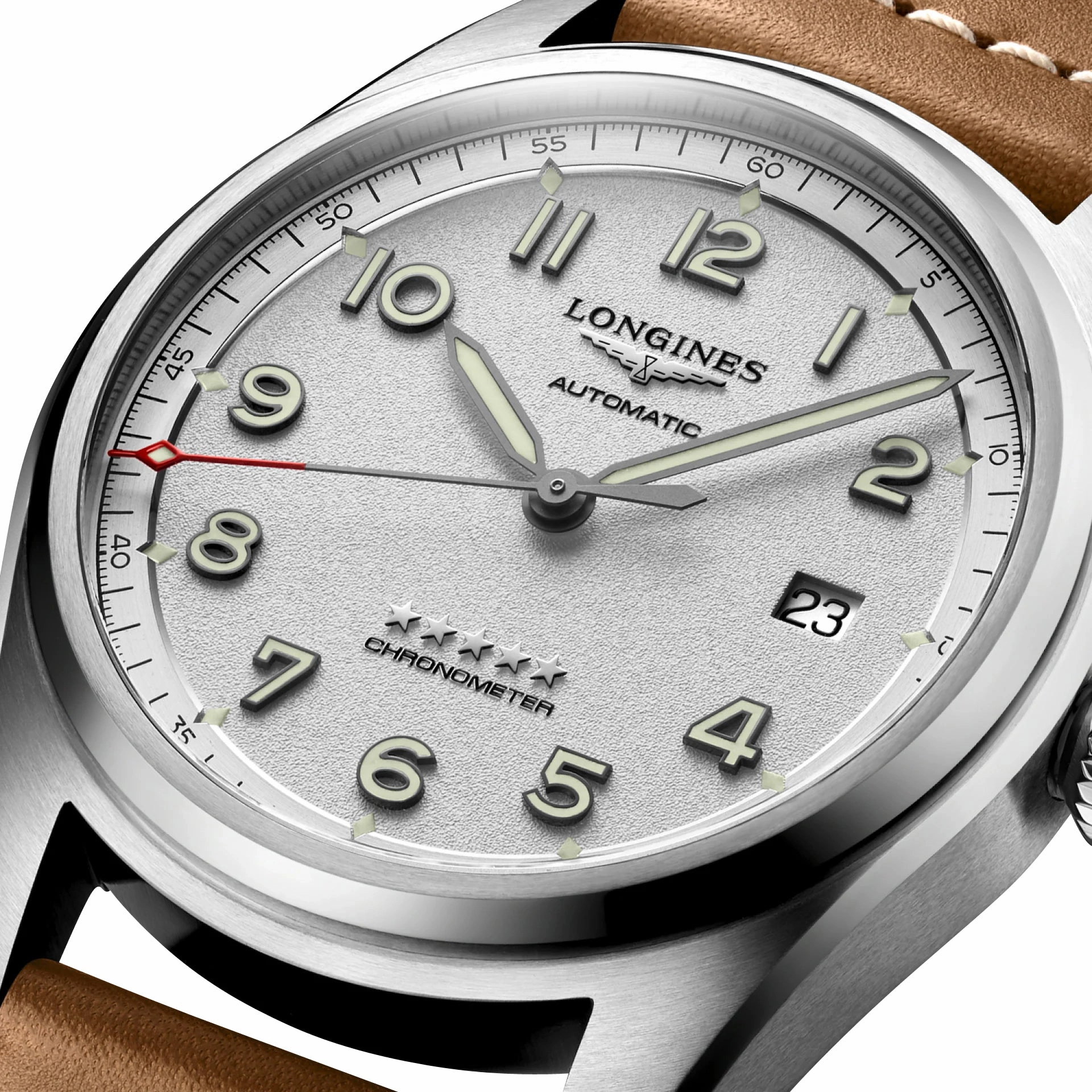 Longines Spirit Automatic Chronometer Stainless Steel Silver Dial Brown Leather Strap Date Mens Watch L3.810.4.73.2