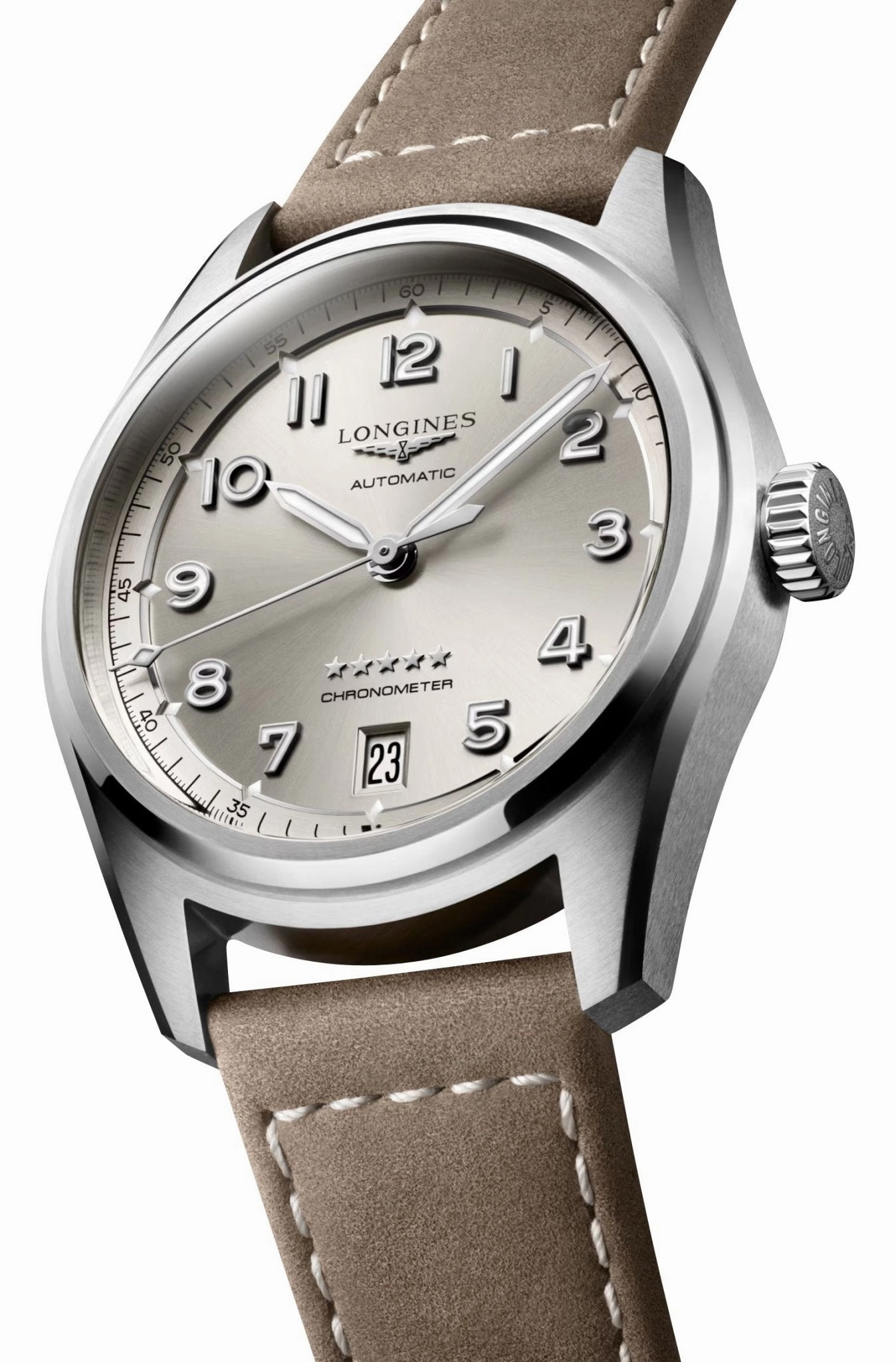 Longines Spirit Automatic COSC Stainless Steel Champagne Dial Beige Leather Strap Date Unisex Watch L3.410.4.63.2
