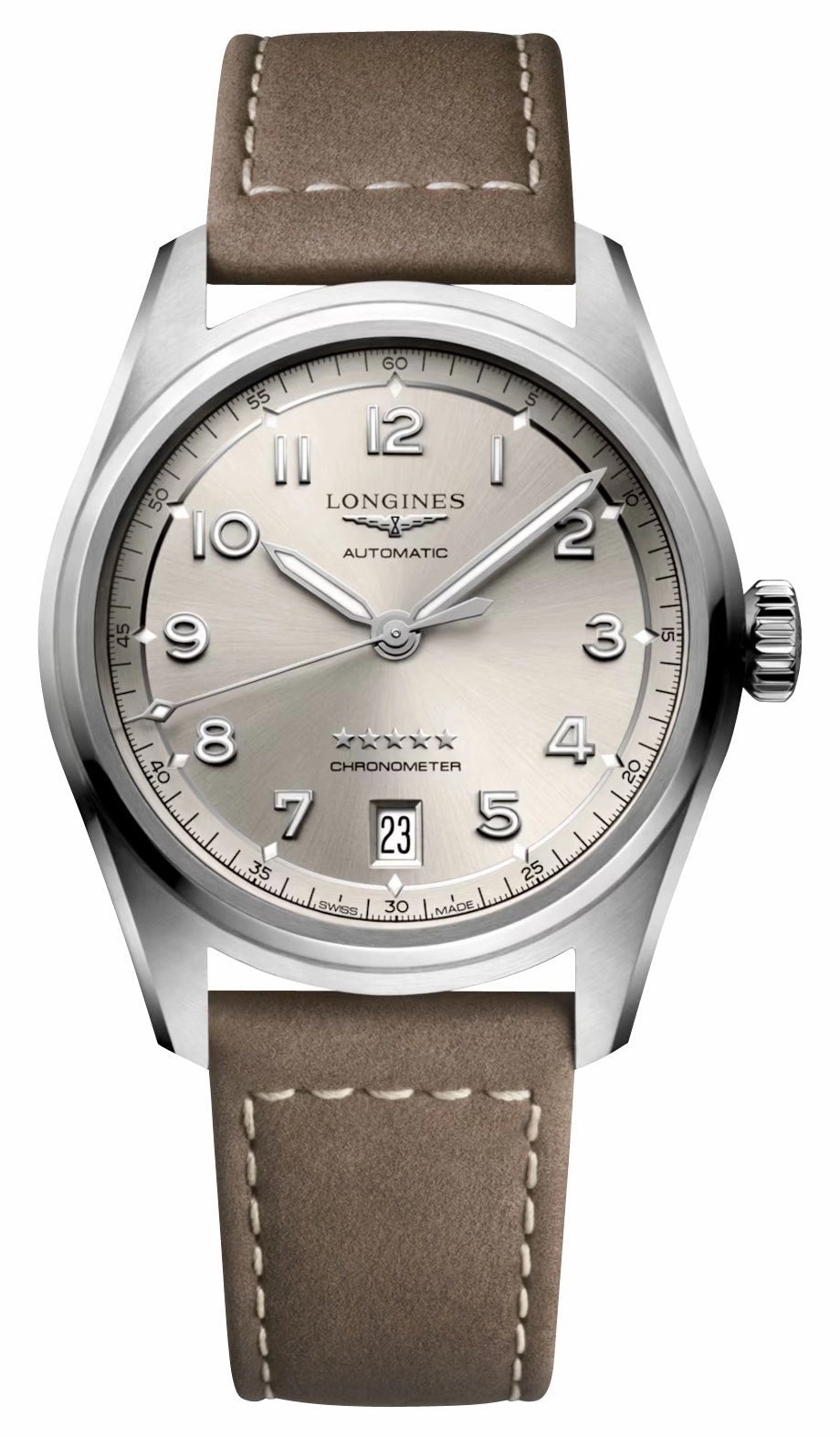 Longines Spirit Automatic COSC Stainless Steel Champagne Dial Beige Leather Strap Date Unisex Watch L3.410.4.63.2