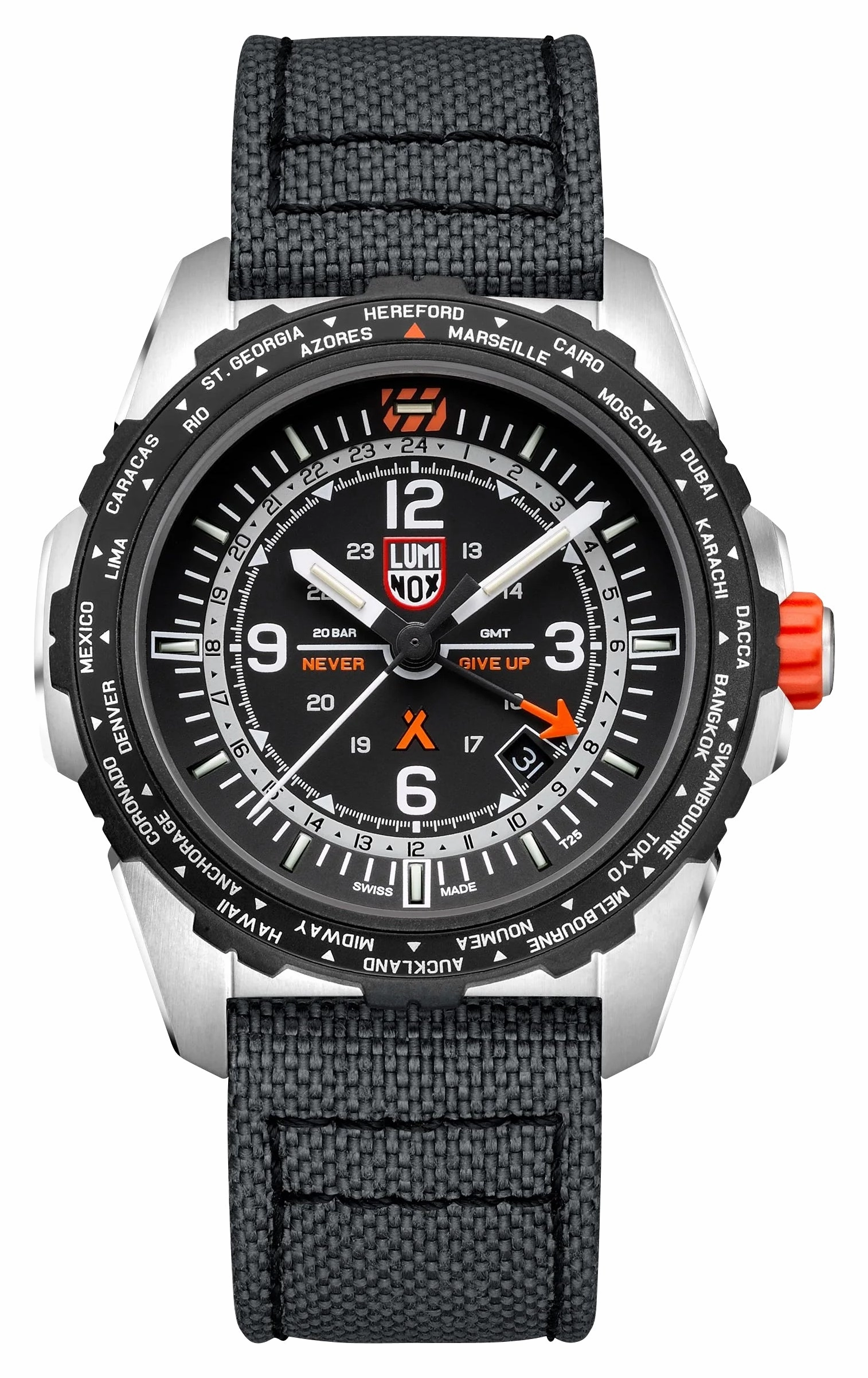Luminox Bear Grylls Survival GMT Stainless Steel Black Dial Gray Fabric Strap Date Divers Quartz Mens Watch XB.3761