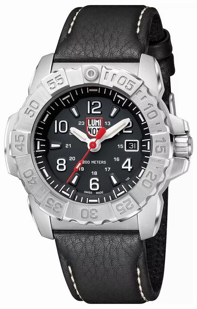 Luminox Navy SEAL Stainless Steel Black Dial Black Leather Strap Date Divers Quartz Mens Watch XS.3251