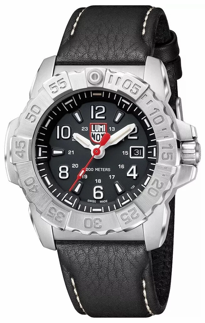 Luminox Navy SEAL Stainless Steel Black Dial Black Leather Strap Date Divers Quartz Mens Watch XS.3251