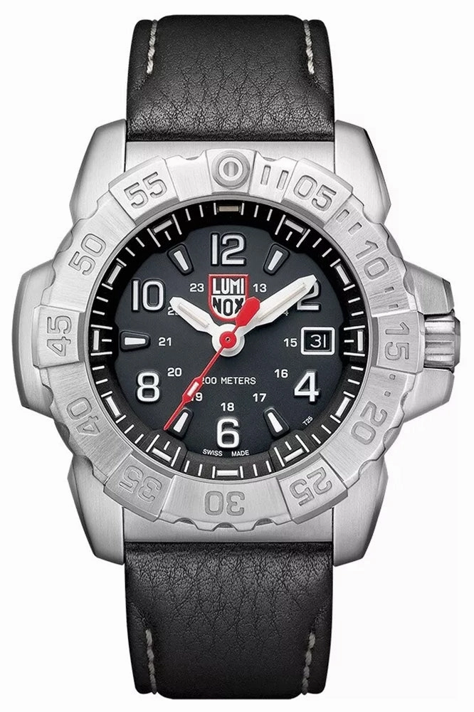 Luminox Navy SEAL Stainless Steel Black Dial Black Leather Strap Date Divers Quartz Mens Watch XS.3251