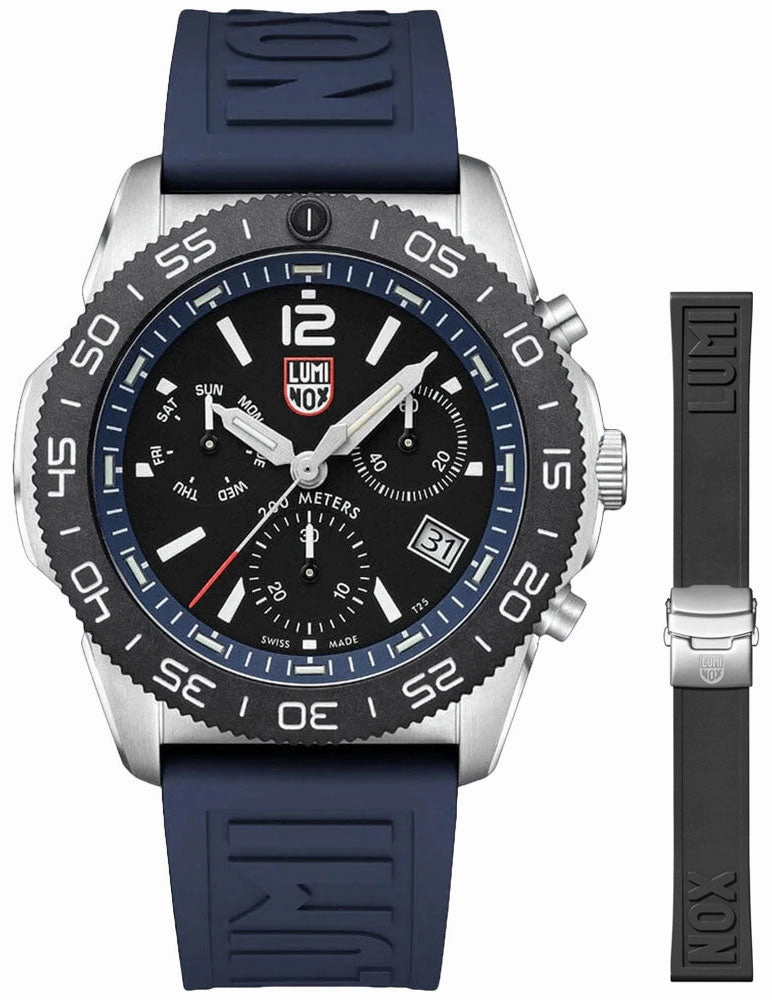 Luminox Pacific Diver Chronograph Stainless Steel Black Dial Blue/Black Interchangeable Rubber Strap Day/Date Divers Quartz Mens Watch XS.3143.SET