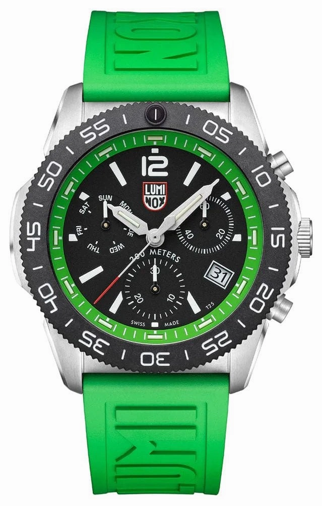 Luminox Pacific Diver Chronograph Stainless Steel Black Dial Green Rubber Strap Day/Date Divers Quartz Mens Watch XS.3157.NF
