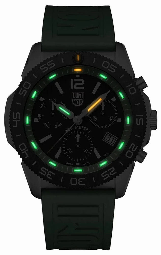 Luminox Pacific Diver Chronograph Stainless Steel Black Dial Green Rubber Strap Day/Date Divers Quartz Mens Watch XS.3157.NF