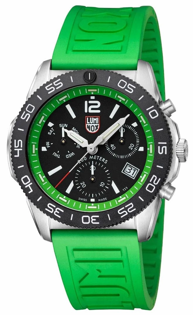 Luminox Pacific Diver Chronograph Stainless Steel Black Dial Green Rubber Strap Day/Date Divers Quartz Mens Watch XS.3157.NF