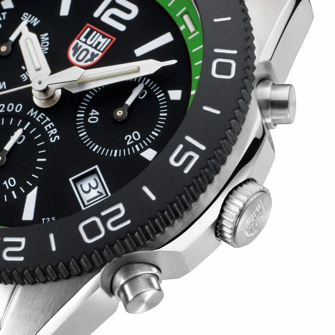 Luminox Pacific Diver Chronograph Stainless Steel Black Dial Green Rubber Strap Day/Date Divers Quartz Mens Watch XS.3157.NF