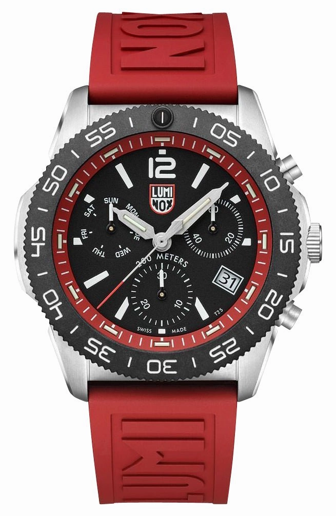 Luminox Pacific Diver Chronograph Stainless Steel Black Dial Red Rubber Strap Day/Date Divers Quartz Mens Watch XS.3155