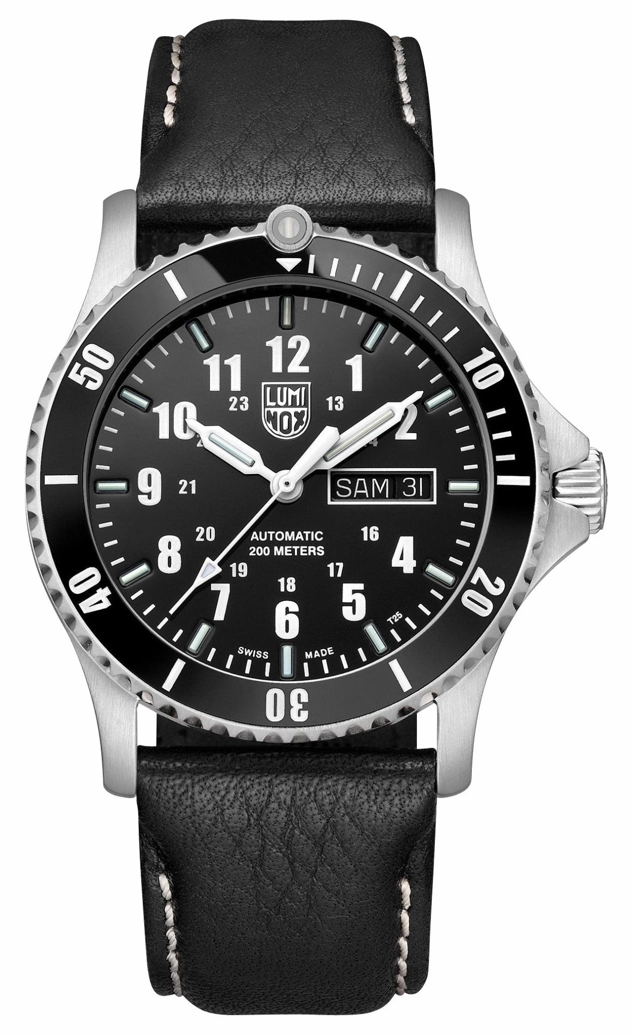 Luminox Sport Timer Automatic Stainless Steel Black Dial Black Leather Strap Day/Date Divers Mens Watch XS.0921