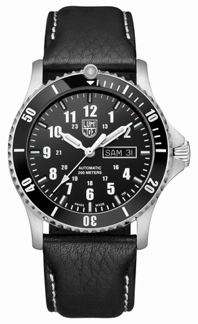 Luminox Sport Timer Automatic Stainless Steel Black Dial Black Leather Strap Day/Date Divers Mens Watch XS.0921