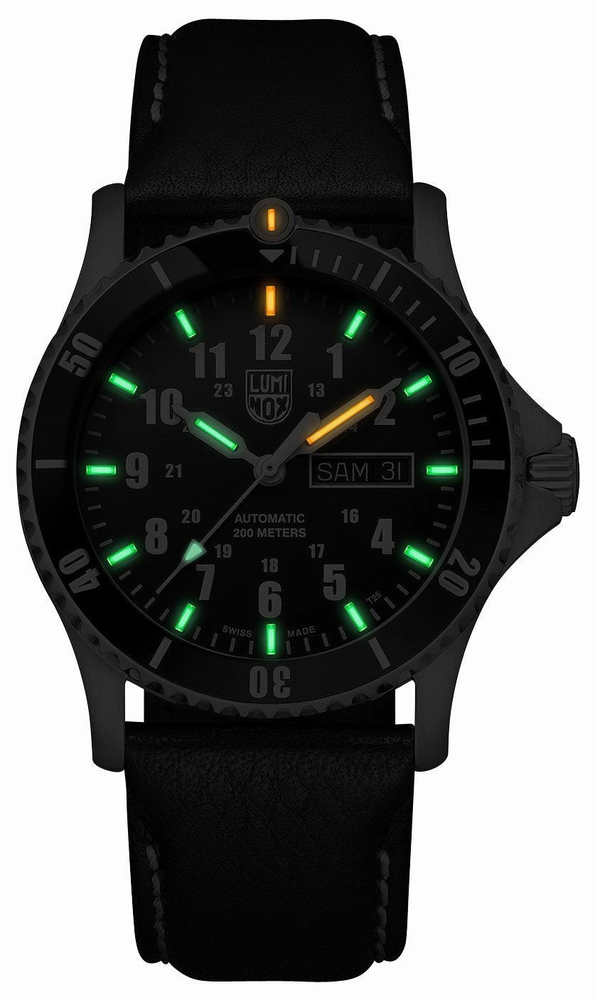 Luminox Sport Timer Automatic Stainless Steel Black Dial Black Leather Strap Day/Date Divers Mens Watch XS.0921