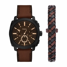 Machine Chronograph Brown Leather Watch and Bracelet Set