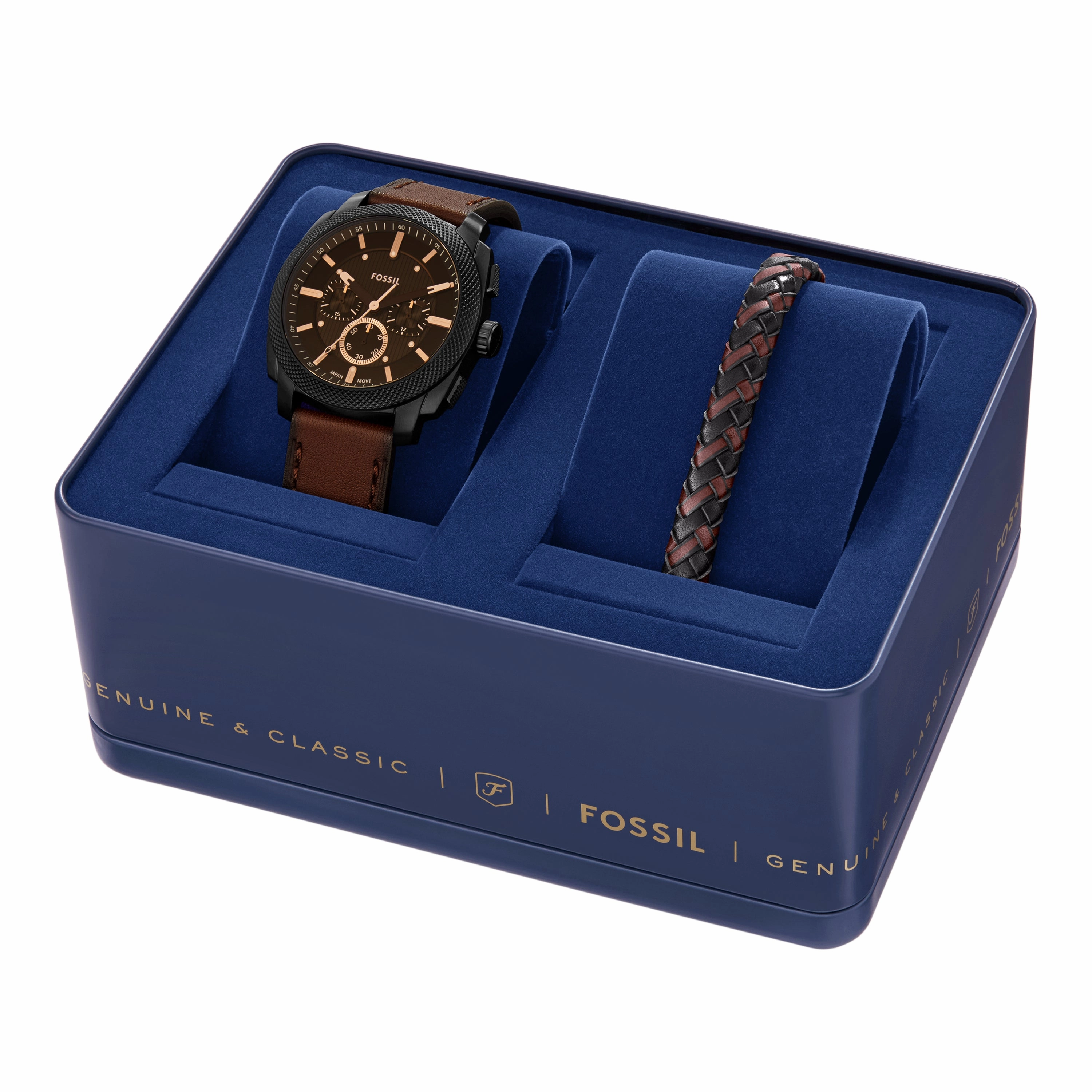 Machine Chronograph Brown Leather Watch and Bracelet Set