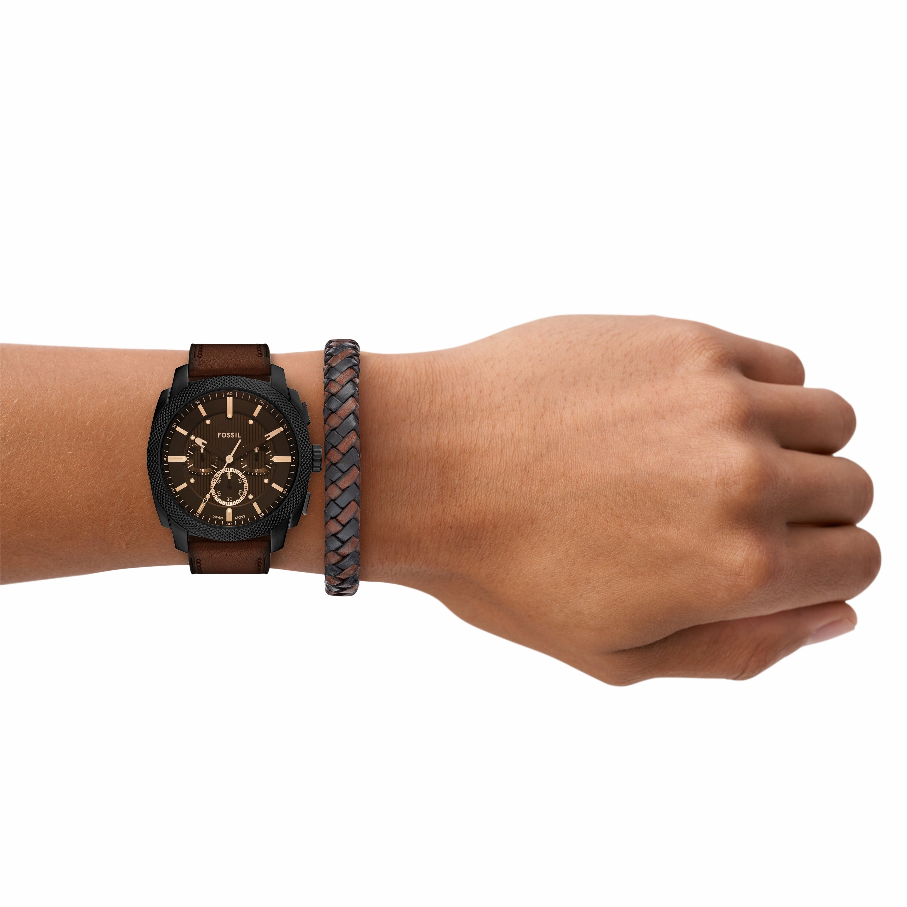 Machine Chronograph Brown Leather Watch and Bracelet Set
