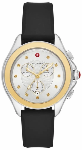Michele Cape Chronograph Silver Dial Date Black Silicone Strap Womens Watch MWW27E000007