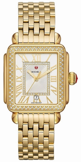 Michele Deco Madison 18K Gold-Plated Steel Diamonds Silver Dial Date Rectangle Womens Watch MWW06T000161