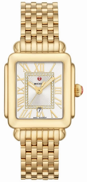 Michele Deco Madison Mid Gold Plated Steel Diamonds Silver Dial Date Rectangle Womens Watch MWW06G000014