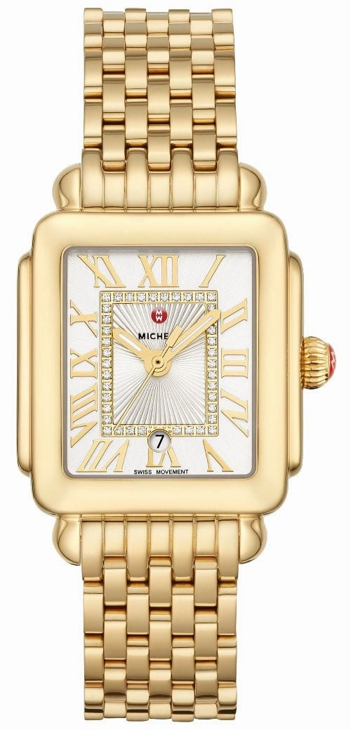 Michele Deco Madison Mid Gold Plated Steel Diamonds Silver Dial Date Rectangle Womens Watch MWW06G000014