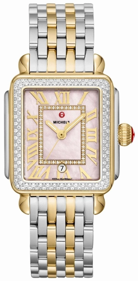 Michele Deco Madison Two-Tone Steel Diamonds Pink Mother-of-Pearl Dial Date Rectangle Womens Watch MWW06T000266